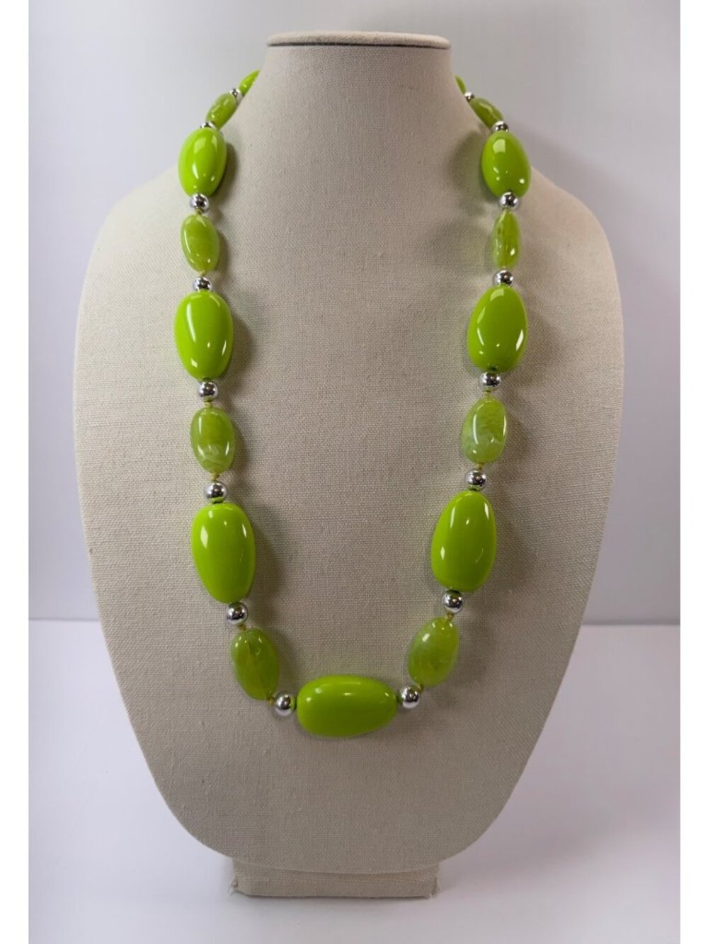 Chunky Lime Green Lucite Bead Necklace Silver Tone Spacers 32” Knotted